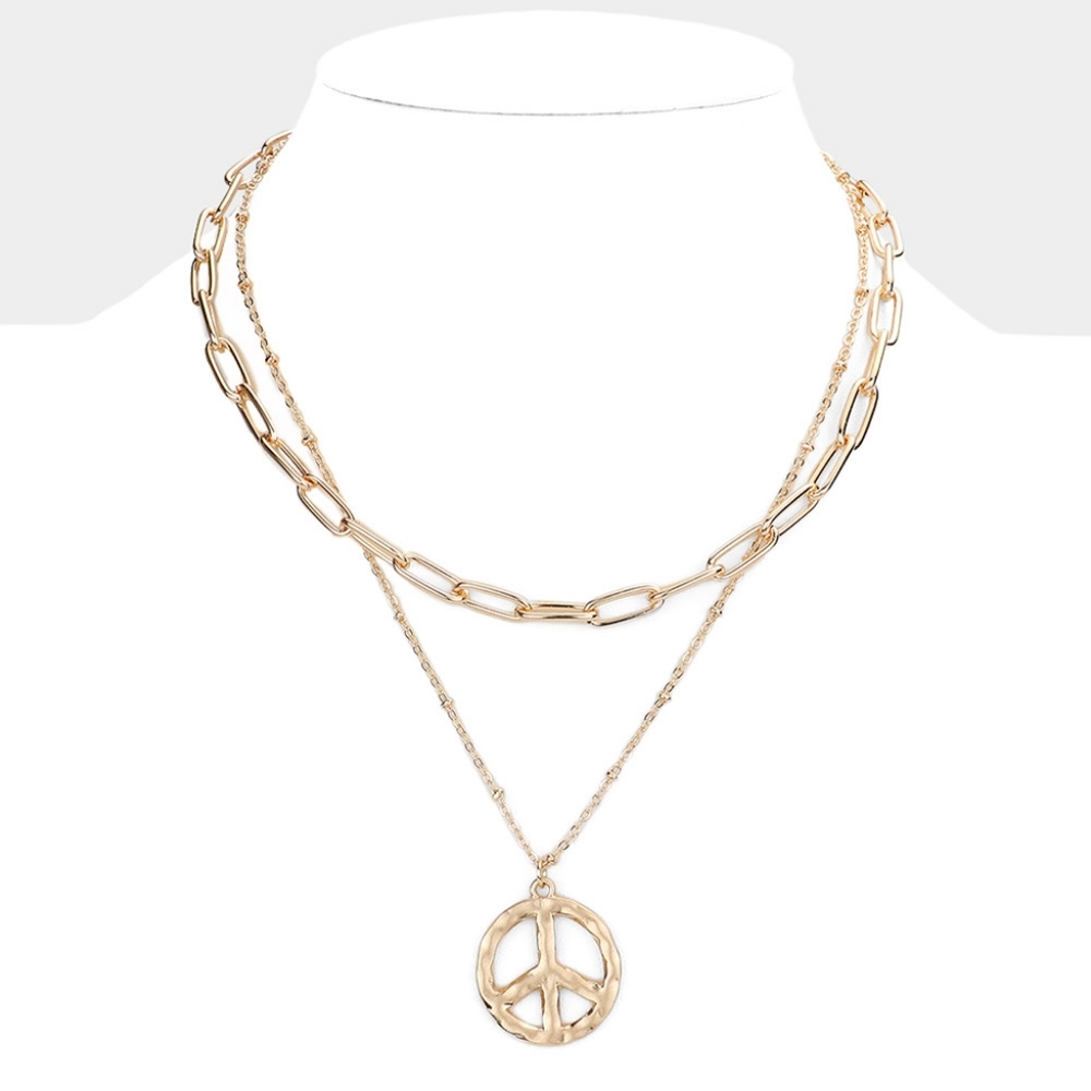 Gold Peace Sign Charm Pendant Necklace Double Layered Statement Link Chain